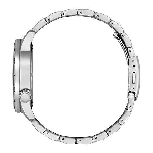 Close-up of a silver watch with detailed design on a white background
