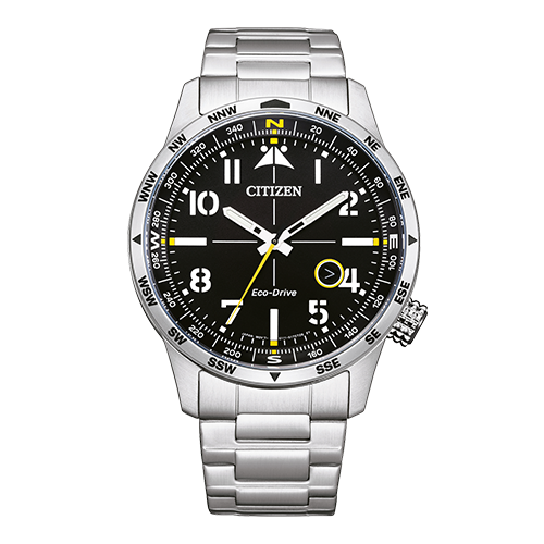 Citizen watch with silver metal strap and black dial on a white background