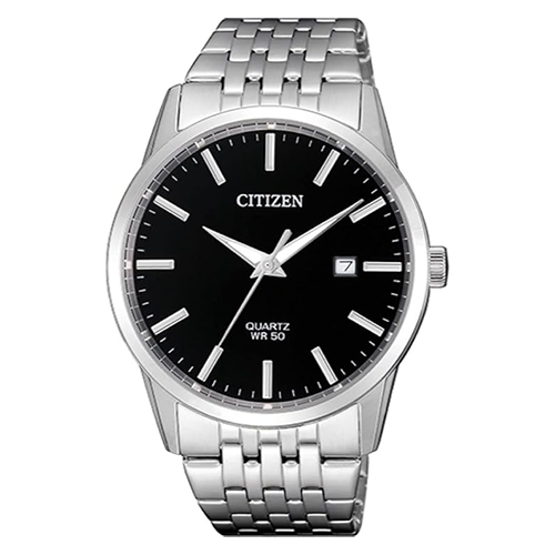 Citizen watch with black dial and silver metal bracelet on a white background