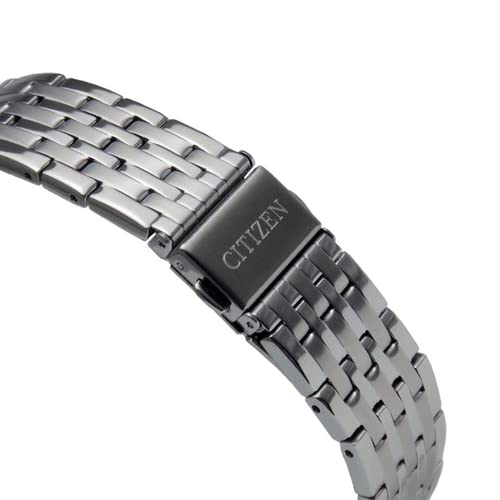 Metallic watch strap with Citizen logo on a white background