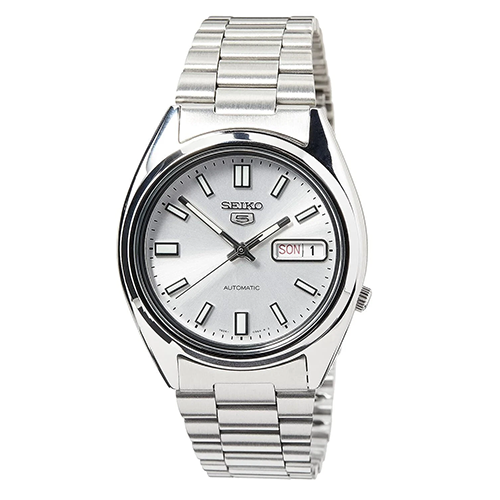 Silver Seiko watch with a white face on a white background