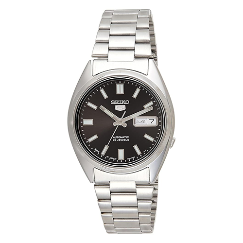 Silver Seiko watch with black dial on a white background