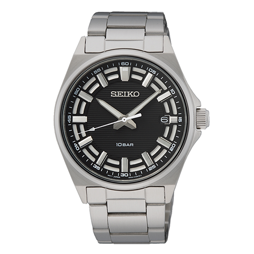 Silver Seiko watch with black dial on a white background