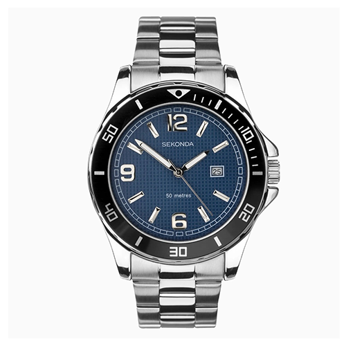 Sekonda watch with blue dial and silver metal strap on a white background