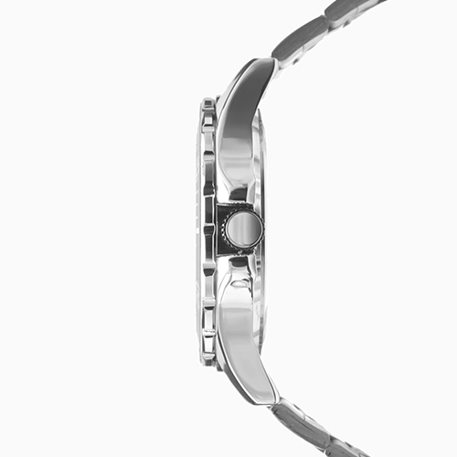 Close-up of a silver watch with a white background